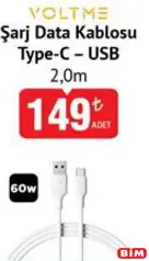 VOLTME ŞARJ DATA KABLOSU TYPE-C USB 2,0 M